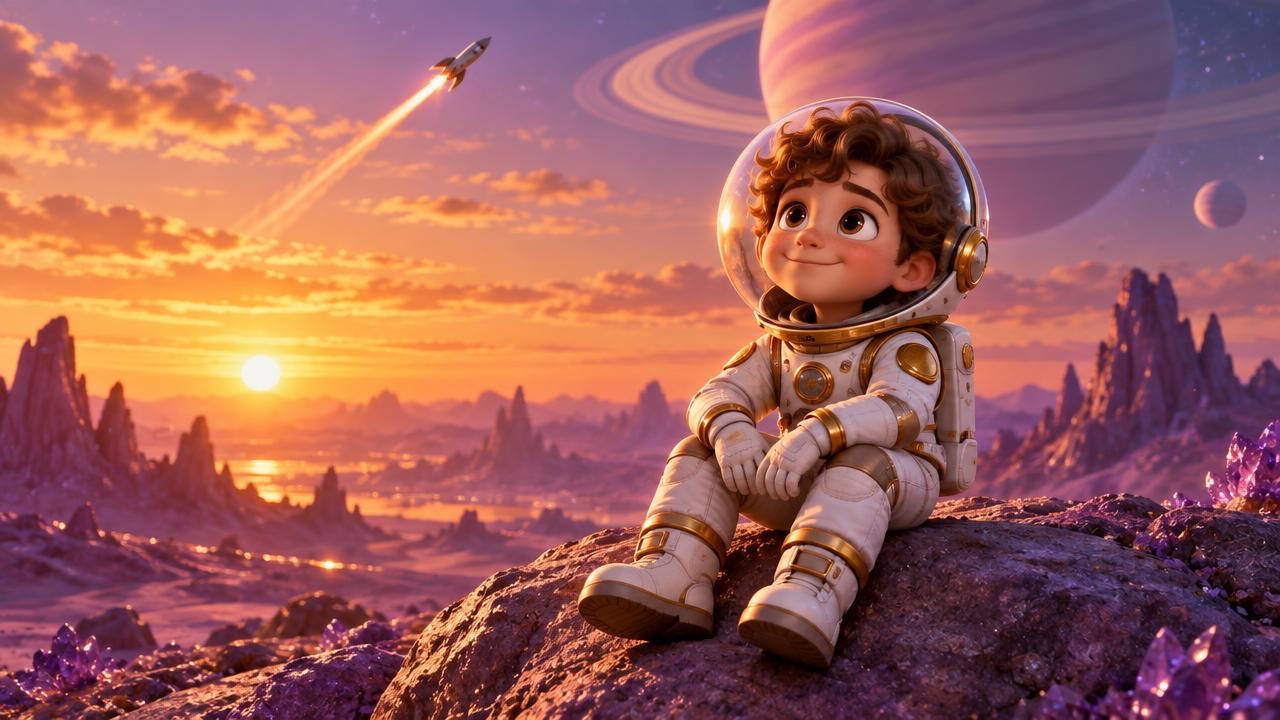 Addy in an astronaut suit on a purple planet