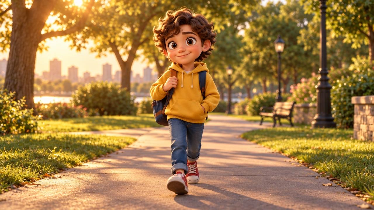 Addy walking through a sunny park in a yellow hoodie