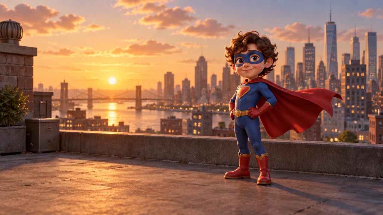 Addy as a caped superkid on a rooftop at sunset