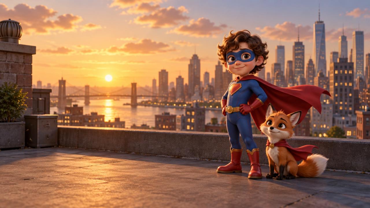 A caped kid hero and a fox in the Movie 3D look